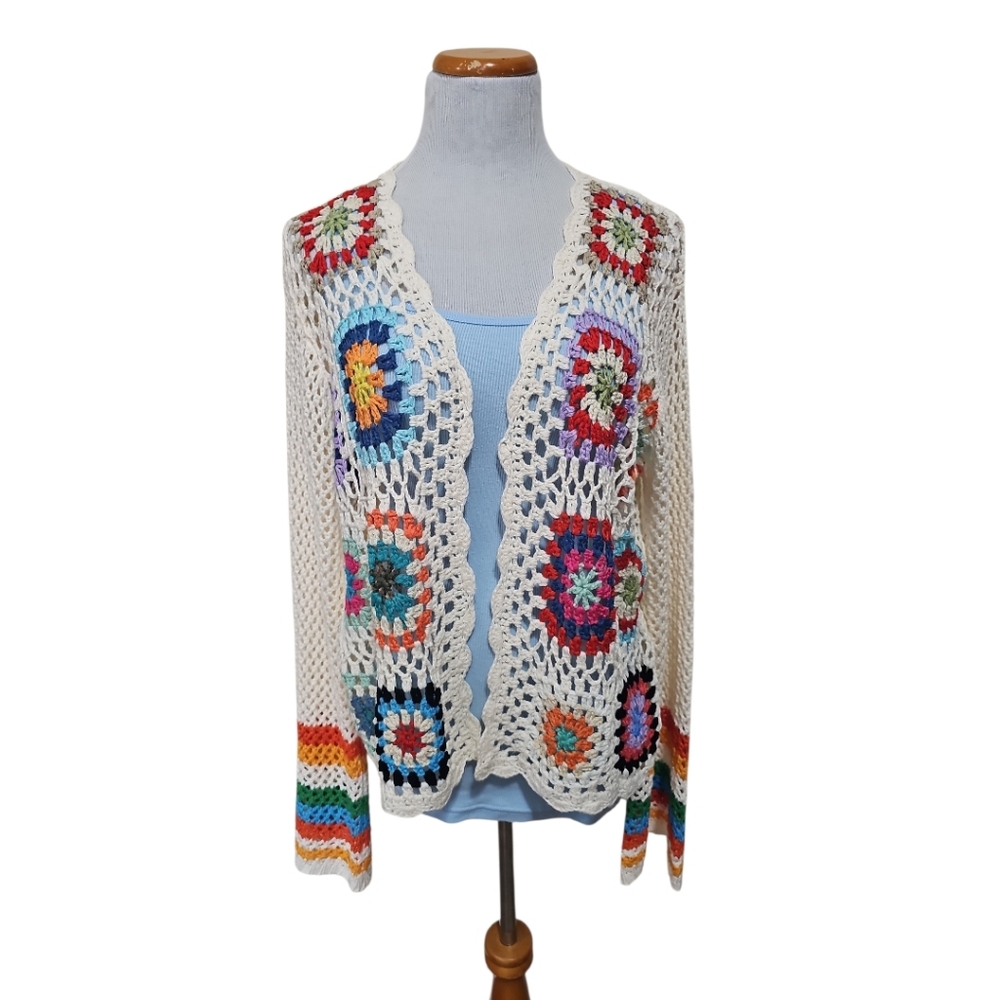 Unknown Brand Boho Colorblock Crochet Granny Square Open Front Cardigan Sz L